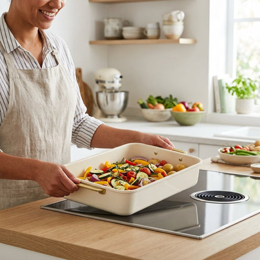 Rectangular pan with gold handle on a kitchen background