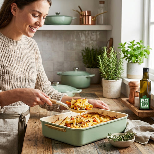 A smiling woman serves baked gratin from a sage green pan in a bright kitchen. A "PFAS Free Non-Stick" logo is visible.