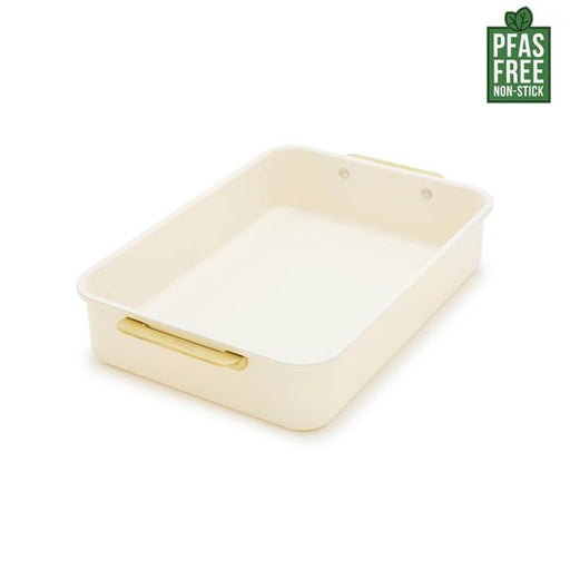 Rectangular pan with gold handle on a white background, featuring PFAS-free non-stick label.