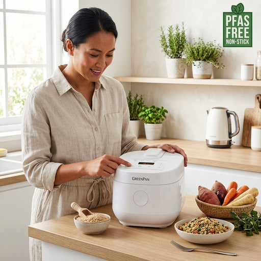 A smiling woman pressing the control panel of a white GreenPan rice cooker on a wooden kitchen counter.
