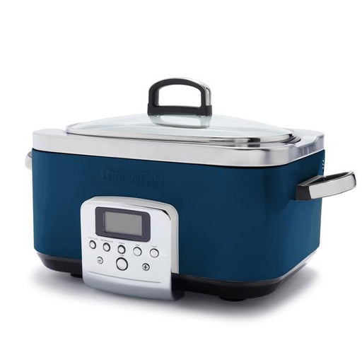Blue slow cooker with digital display on a white background