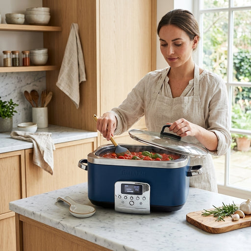 Blue slow cooker with a girl cooking  on a kitchen background