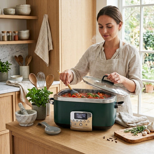 Pine Green slow cooker on kitchen background