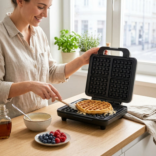 A woman smiles as she uses a spatula to lift a golden Belgian waffle from an open, black four-quadrant waffle maker on a kitchen counter.