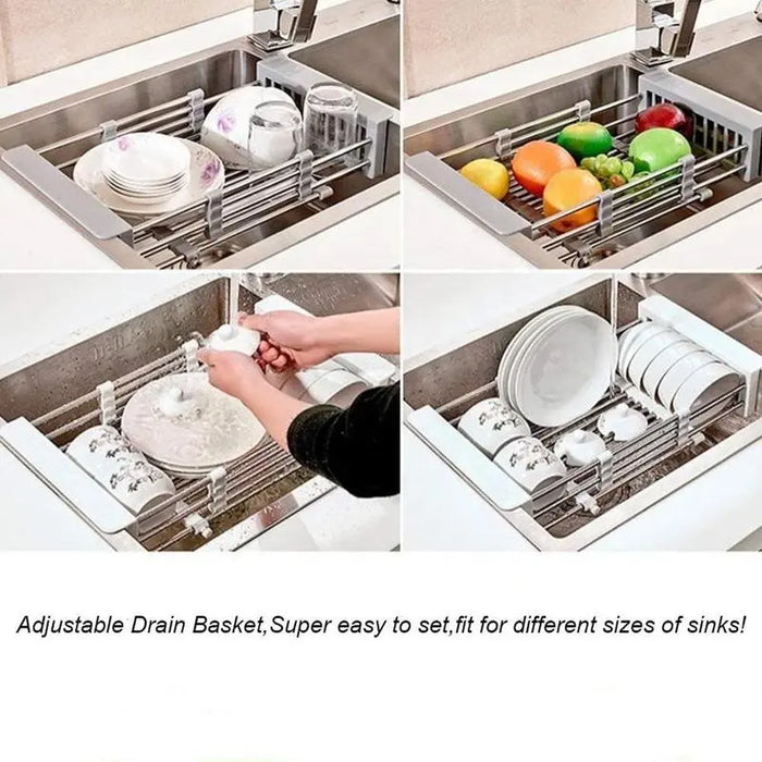 Adjustable Drainer Basket Drain Tray for Dish,Fruit