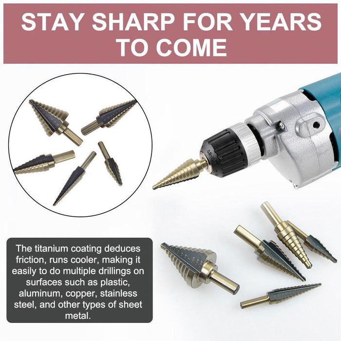 5PCS HSS Step Steel Cone Drill Titanium Bits Set