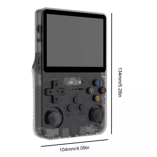 A handheld gaming console shown from the side with dimension labels indicating 134mm/5.28in height and 104mm/4.