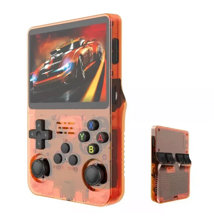 Handheld gaming console with a screen displaying a racing game, showing front and side views.