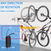 Bicycle wall rack with space-saving feature and adjustable rotation capabilities.