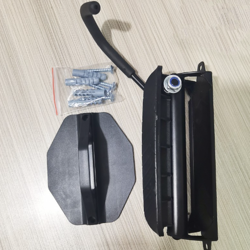 Motorcycle mirror assembly with mounting hardware on a light wooden surface