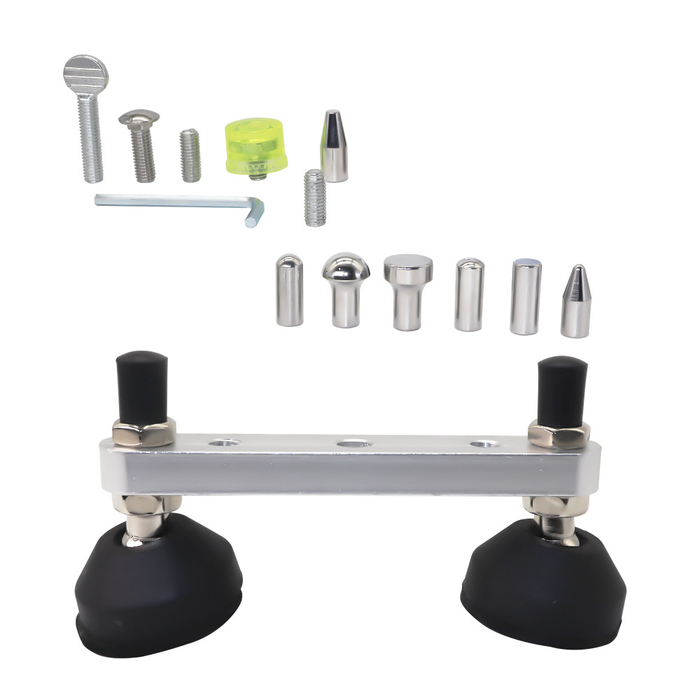 Metal tool with black rubber feet and additional components on a white background