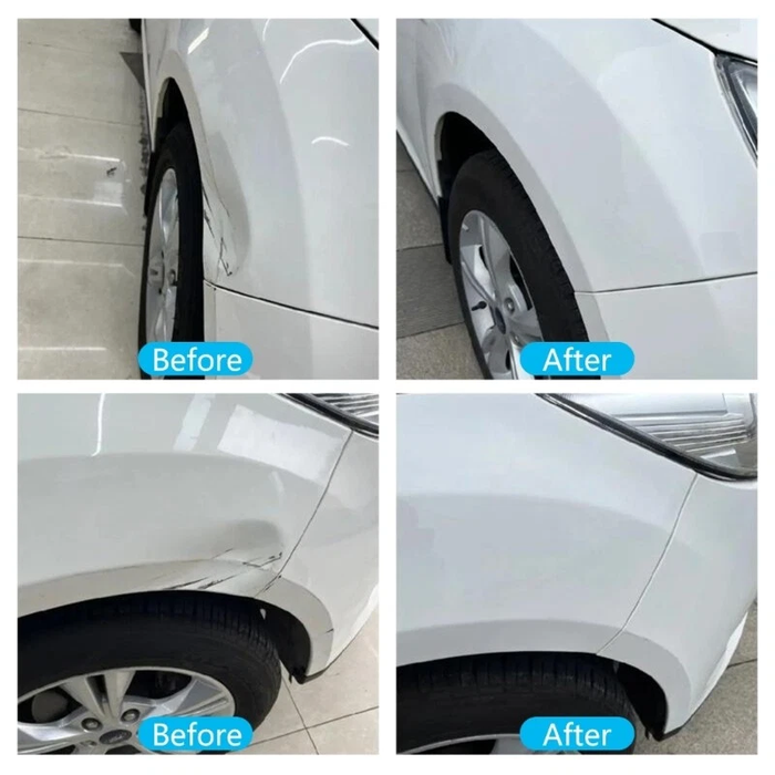 Before and after comparison of a car's front bumper and fender.
