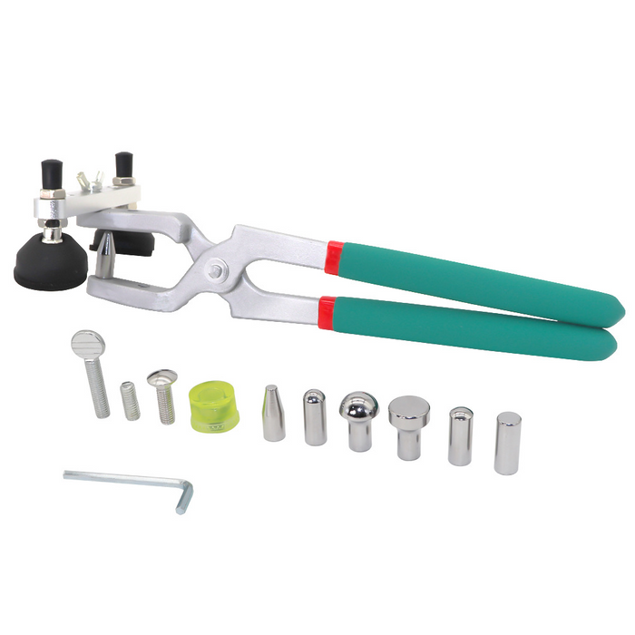 Set of tools including a pair of pliers with green handles and various attachments on a white background.