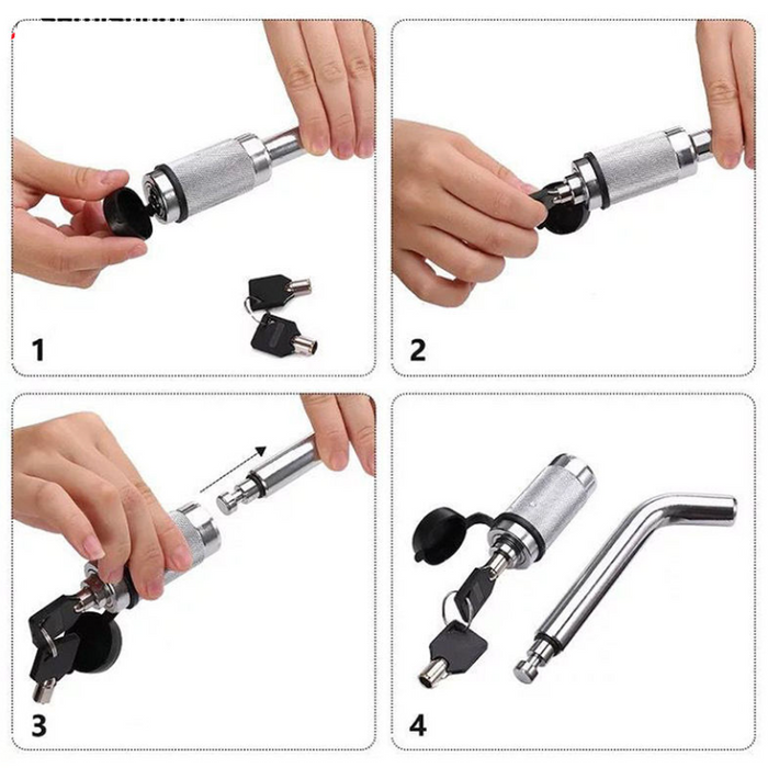 Step-by-step assembly of a tool with hands performing each step on a white background.