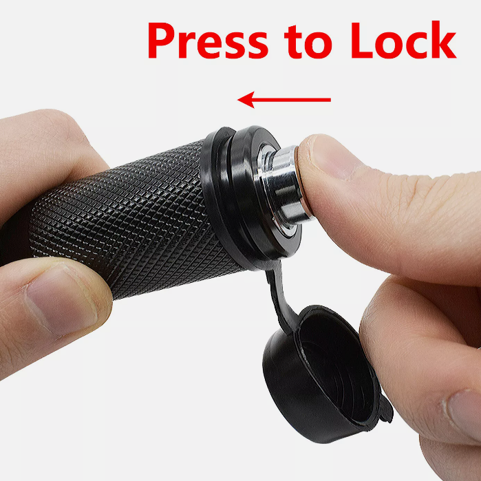 Hand holding a black lock mechanism with 'Press to Lock' text and arrow on a white background