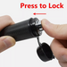 Hand holding a black lock mechanism with 'Press to Lock' text and arrow on a white background
