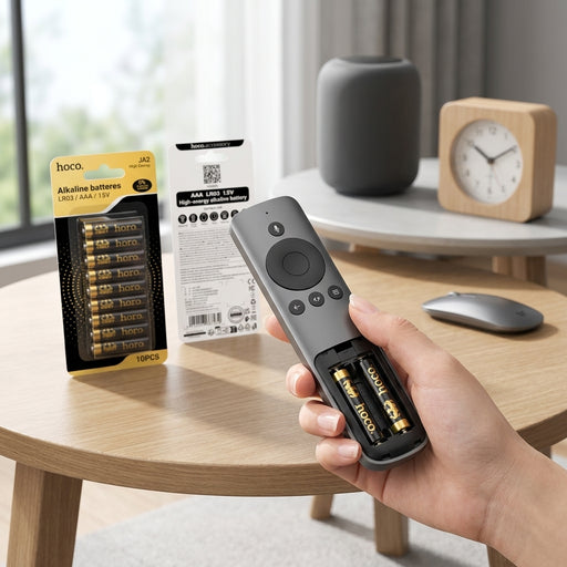 A hand holding a TV remote with two black and gold hoco. AAA batteries inserted into its open compartment, set in a modern living room with the battery packaging in the background.