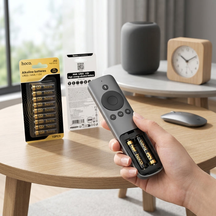 A hand holding a TV remote with two black and gold hoco. AAA batteries inserted into its open compartment, set in a modern living room with the battery packaging in the background.