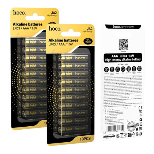 Two packages of hoco AAA alkaline batteries with a detailed description card on the right.