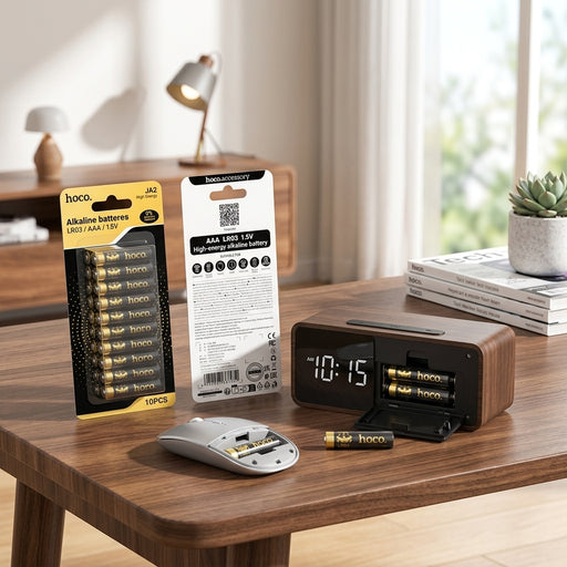 A pack of Hoco AAA batteries displayed on a wooden desk alongside a digital clock, a wireless mouse with open battery compartments, and loose batteries.