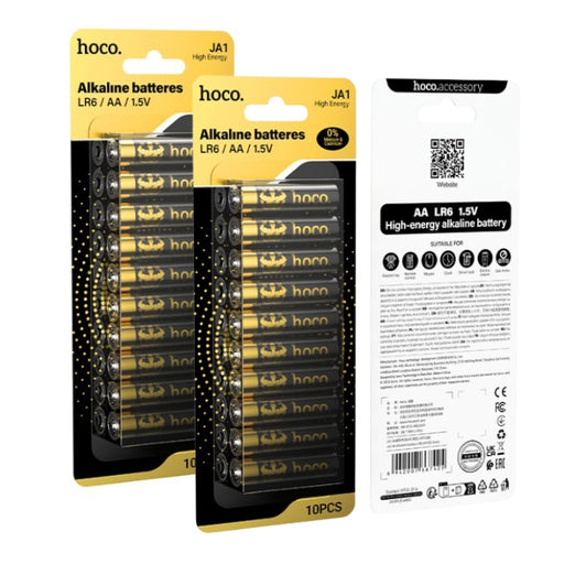 Hoco alkaline batteries in packaging with a close-up of the battery label.