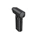Black handheld fan with textured surface on a white background