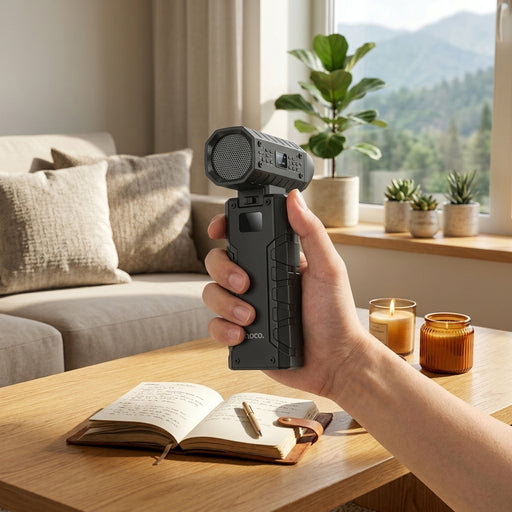 A hand holding a black portable rechargeable fan over a wooden coffee table next to an open journal and a lit candle.