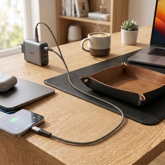 Braided universal-charging cable plugged into a power adapter, charging a smartphone on a modern wooden desk setup.