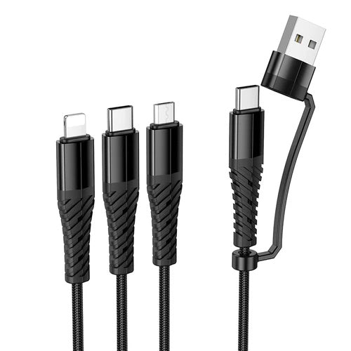 Set of four black USB cables with different connectors on a white background