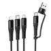 Set of four black USB cables with different connectors on a white background