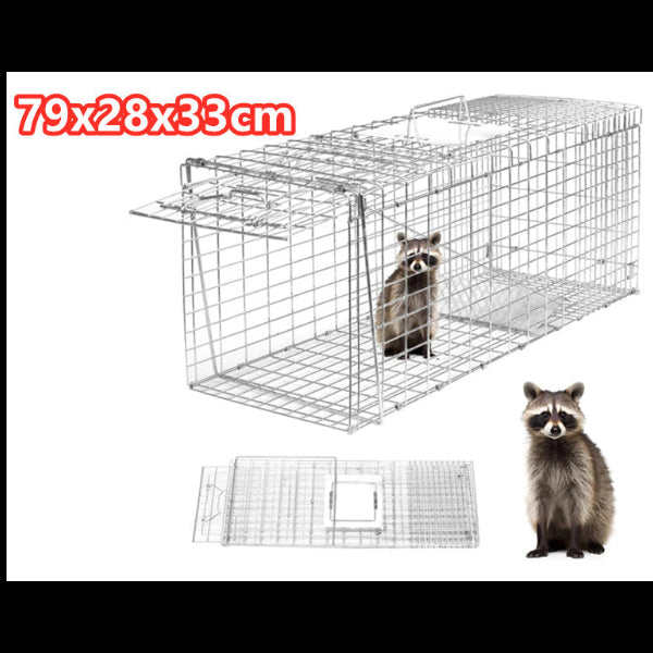 Raccoon trap with dimensions 79x28x33cm and a raccoon illustration on a white background.
