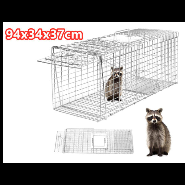 Raccoon trap with dimensions 79x28x33cm and a raccoon illustration on a white background.