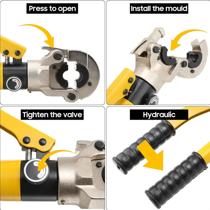 Step-by-step guide on how to use a hydraulic tool with arrows indicating actions.