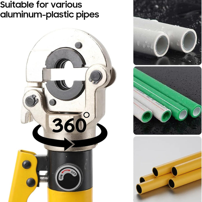Pneumatic pipe cutter with text 'Suitable for various aluminum-plastic pipes' and images of pipes.