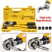 Hydraulic pipe wrench set with yellow case and tools on a white background