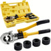 Cable crimping tool set with yellow case and black and silver components on a white background