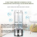 A clear cylindrical hydrogen-rich water bottle with a silver base and lid, shown on a light indoor background with floating H2 bubble graphics and explanatory text about producing hydrogen-rich water.