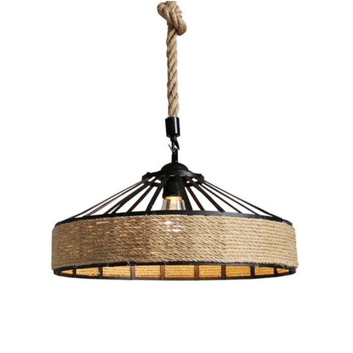 Pendant light with black metal cage and natural rope accents on a white background