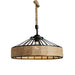 Pendant light with black metal cage and natural rope accents on a white background