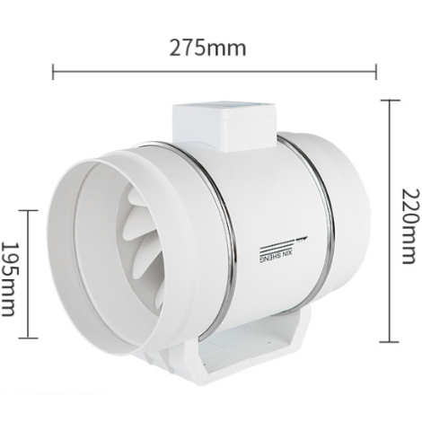 White cylindrical fan with dimensions labeled on a white background
