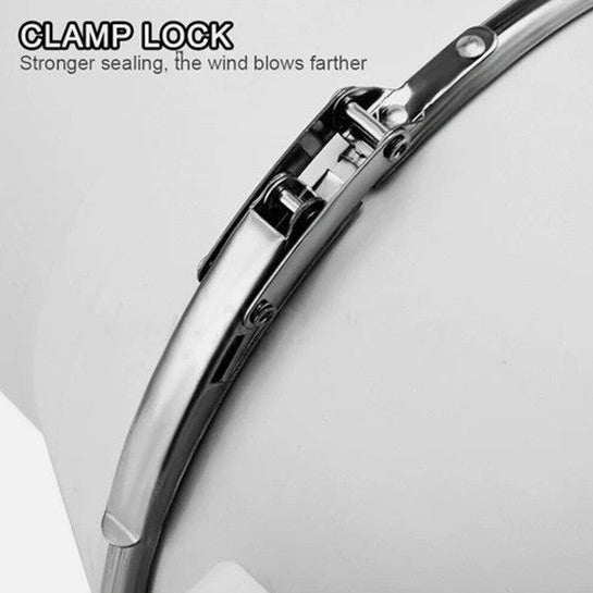 Close-up of a clamp lock mechanism on a white background with text indicating stronger sealing and better wind blowout.