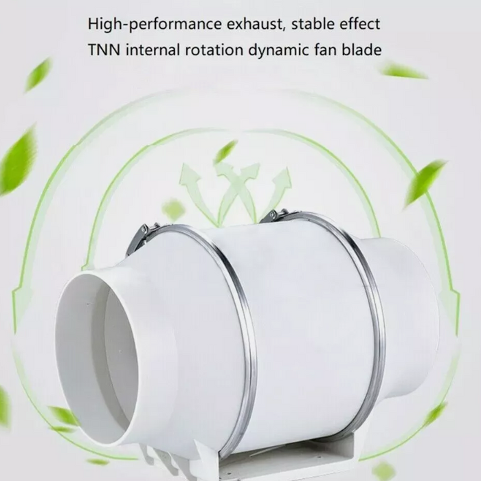 White exhaust fan with green leaf graphics on a white background