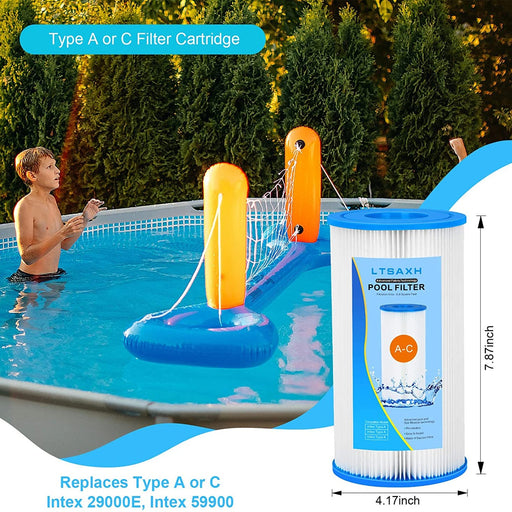 Pool filter cartridge with poolside view and dimensions displayed
