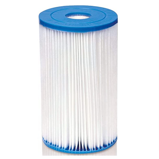 Filter cartridge with blue top and bottom on a white background