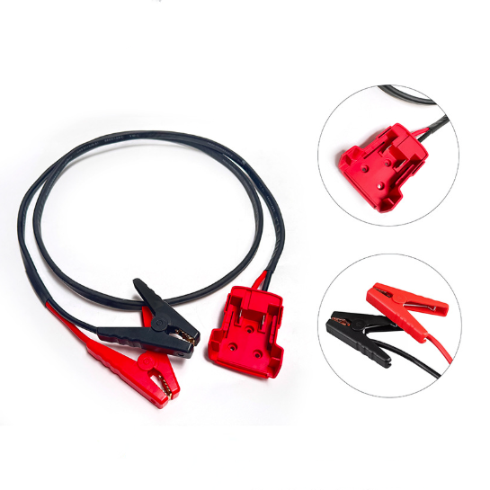 Red and black alligator clips with cables on a white background