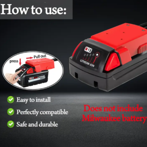 Red and black lithium-ion battery with installation instructions on a black background