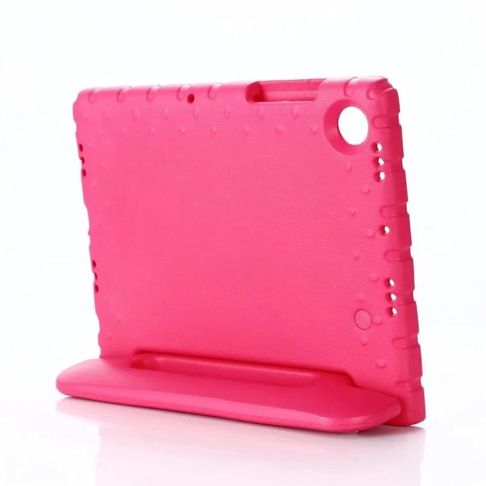 Pink tablet case with stand on a white background