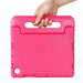 Pink tablet case with handle held by a hand on a white background