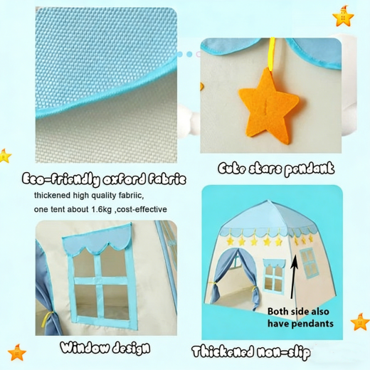 Children's play tent with star pendant, eco-friendly fabric, and window design on a blue background.