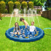 Children playing on an inflatable water mat with water sprays in a garden.